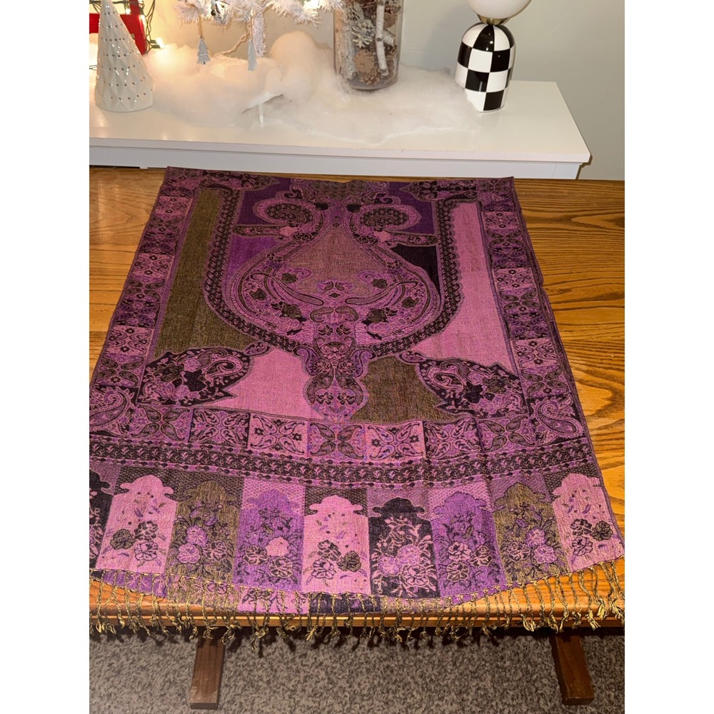 Elegant Paisley Pashmina Scarf Wrap Purple Gold Fringe Accent - Picture 7 of 8